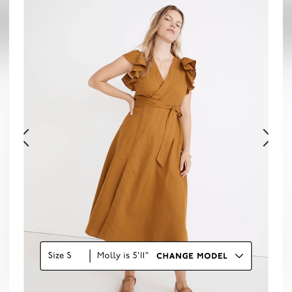 NWT Linen Blend Ruffle Sleeve Midi Dress Mustard Size Large